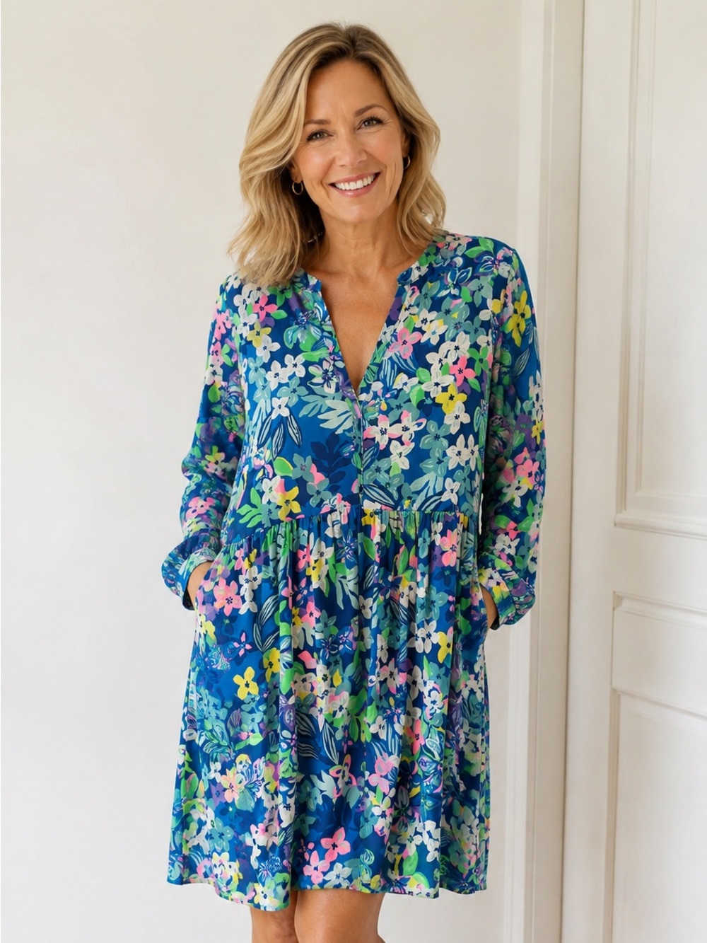 Lilly Pulitzer Navy Floral Mini Dress with Pink, Green & Yellow Accents